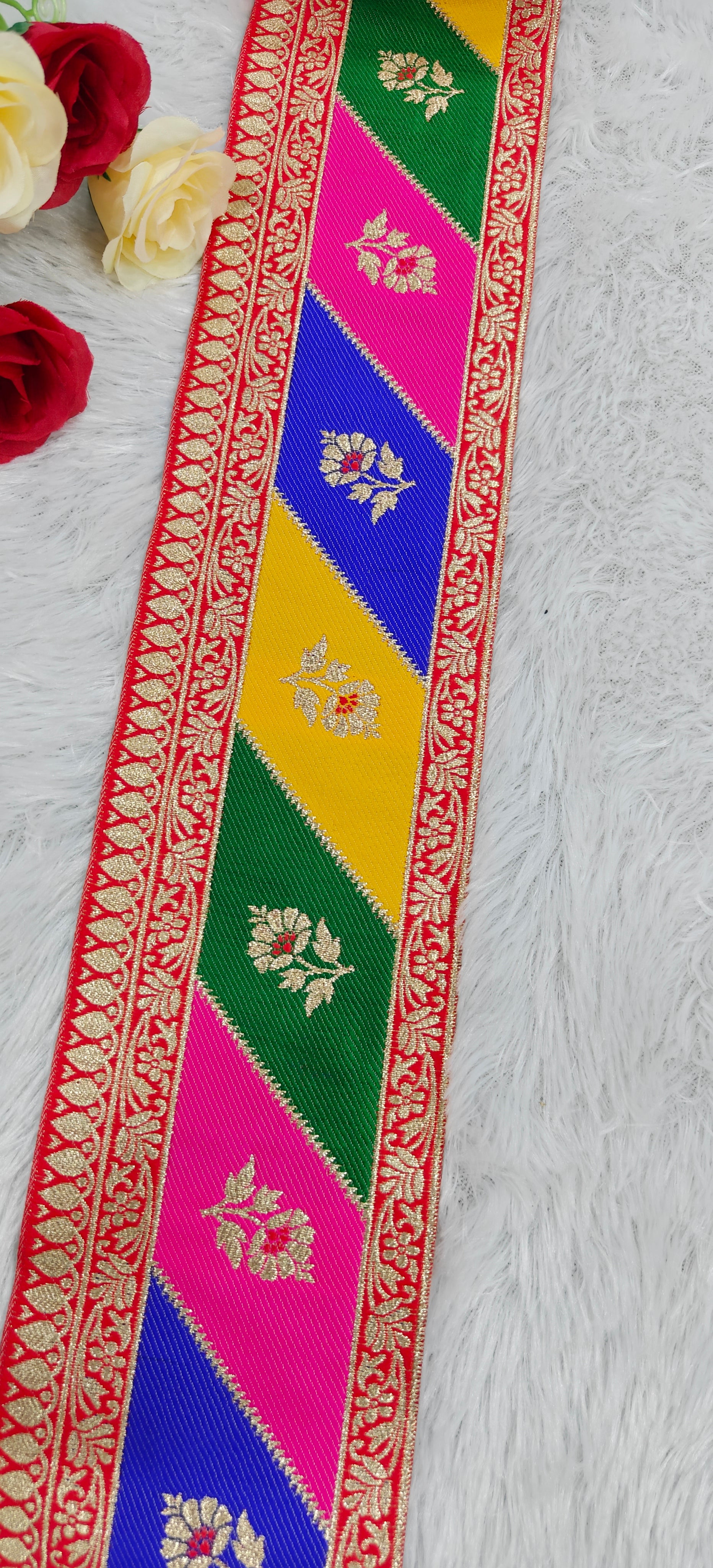 Multi-Color Banarasi Floral Jacquard Lace / Traditional Patchwork Banarasi Border