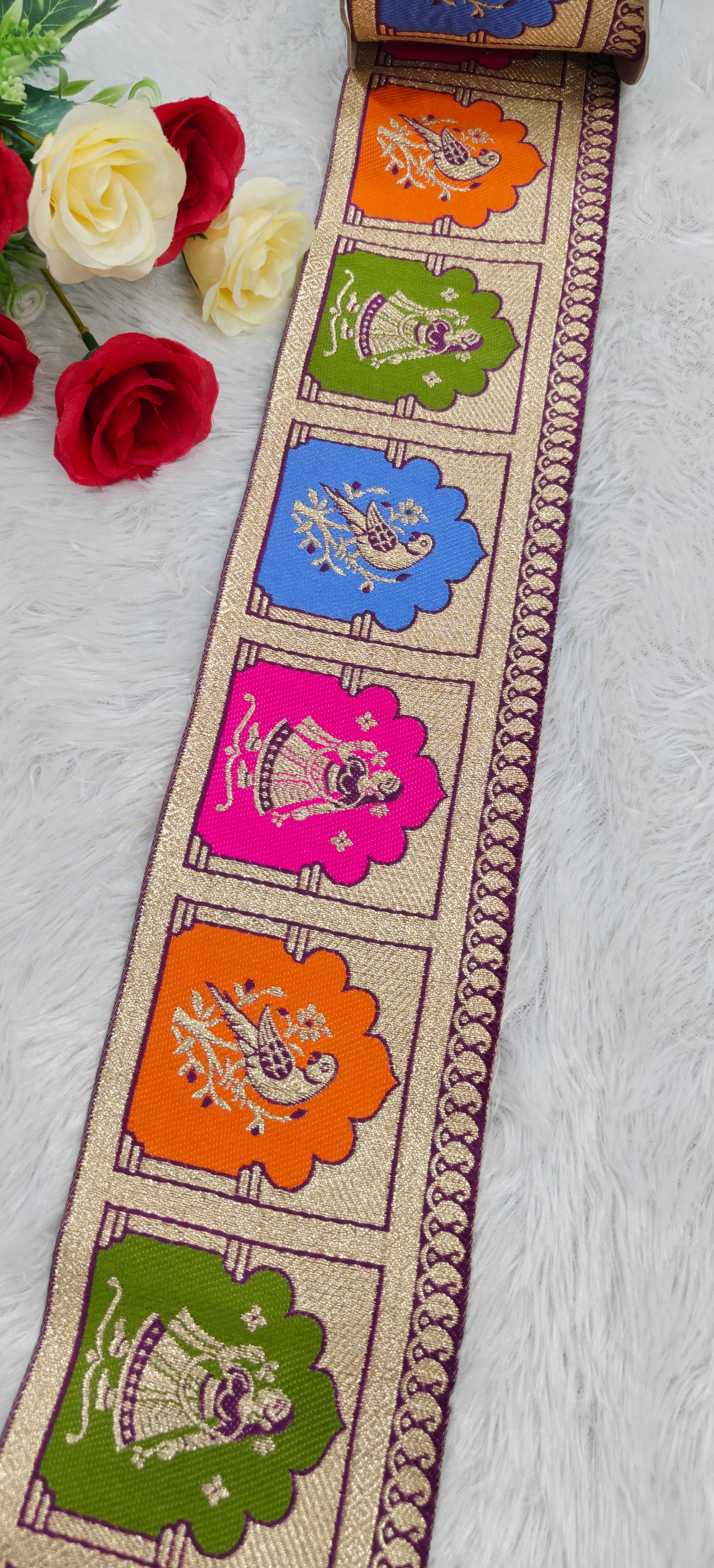 Traditional Meenakari Figure & Bird Design Jacquard Lace