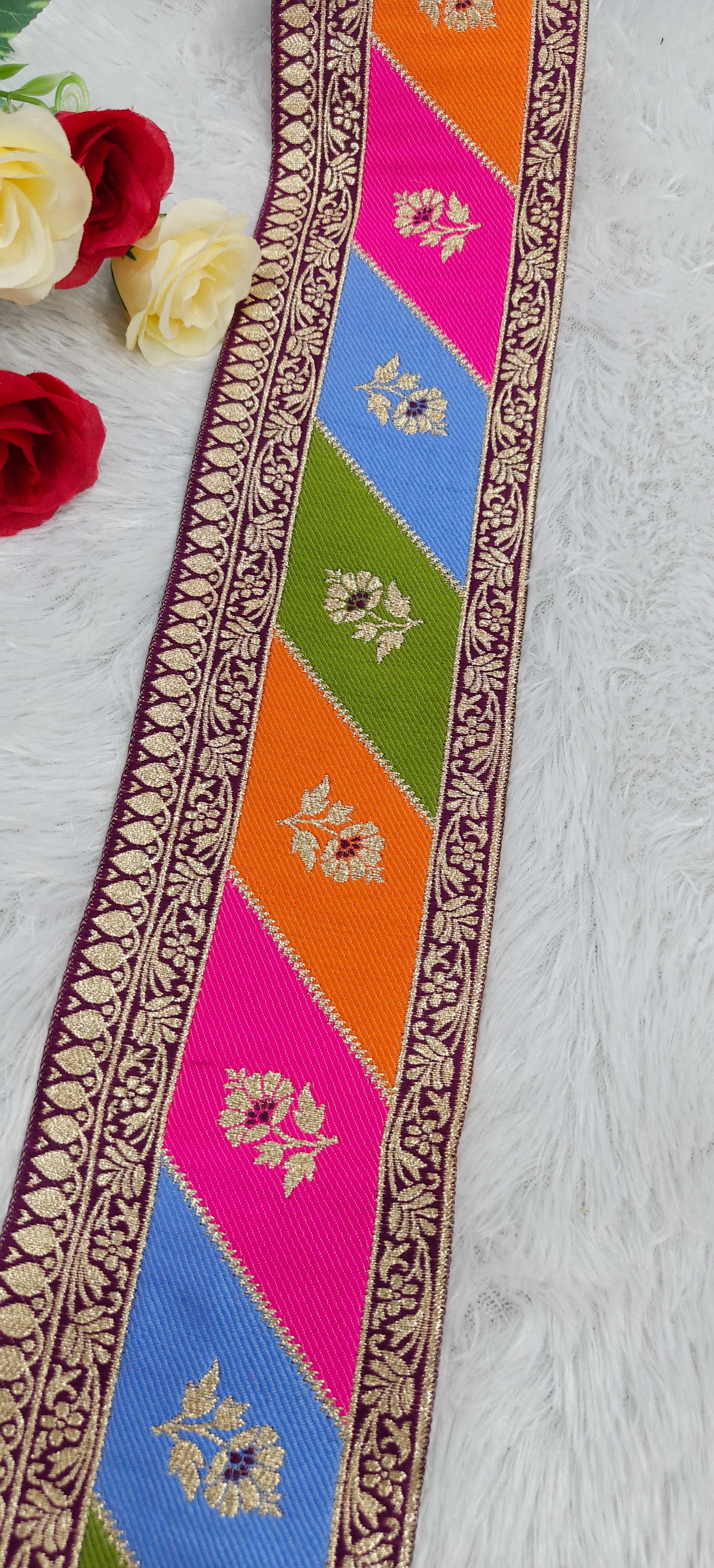 Multi-Color Banarasi Floral Jacquard Lace / Traditional Patchwork Banarasi Border