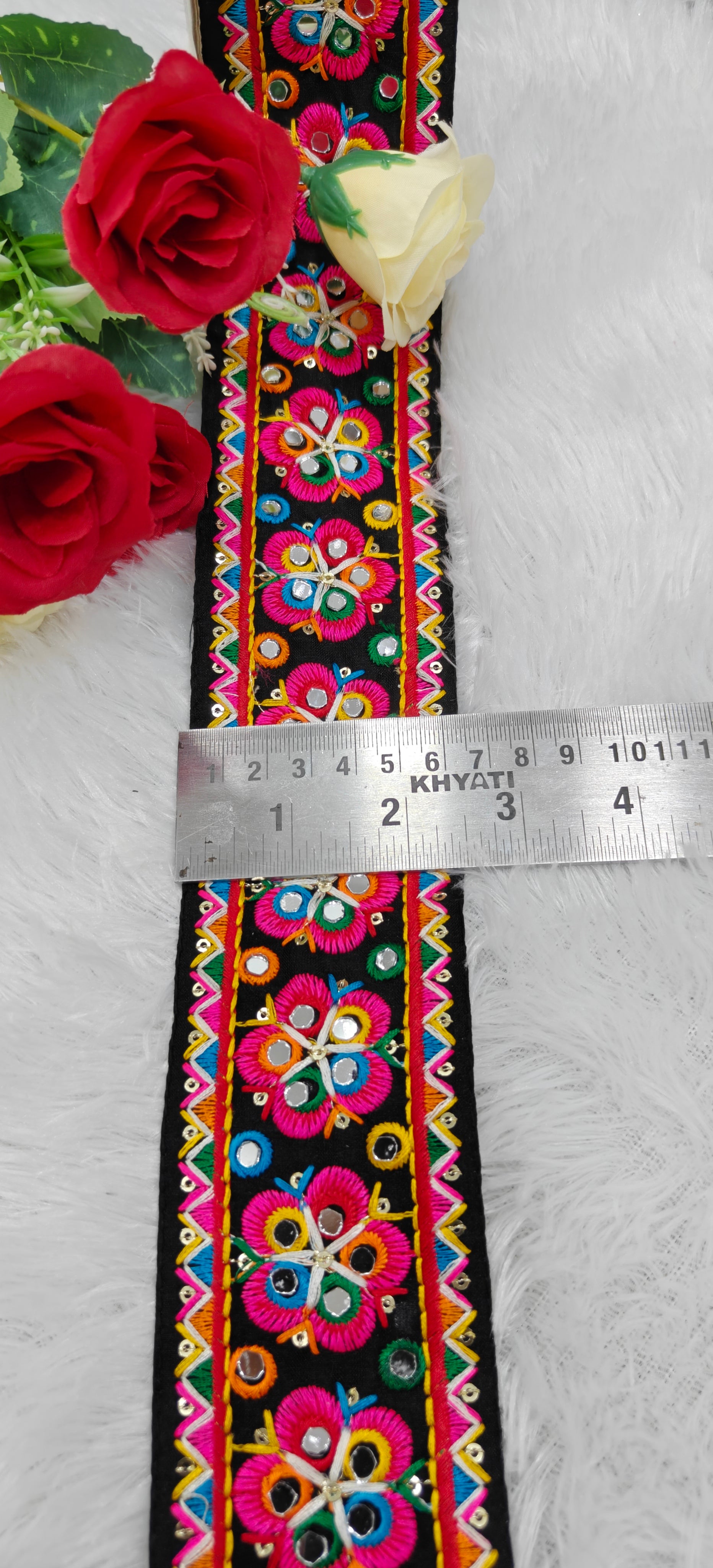 Multi-Color Floral Mirror Work Embroidered Lace