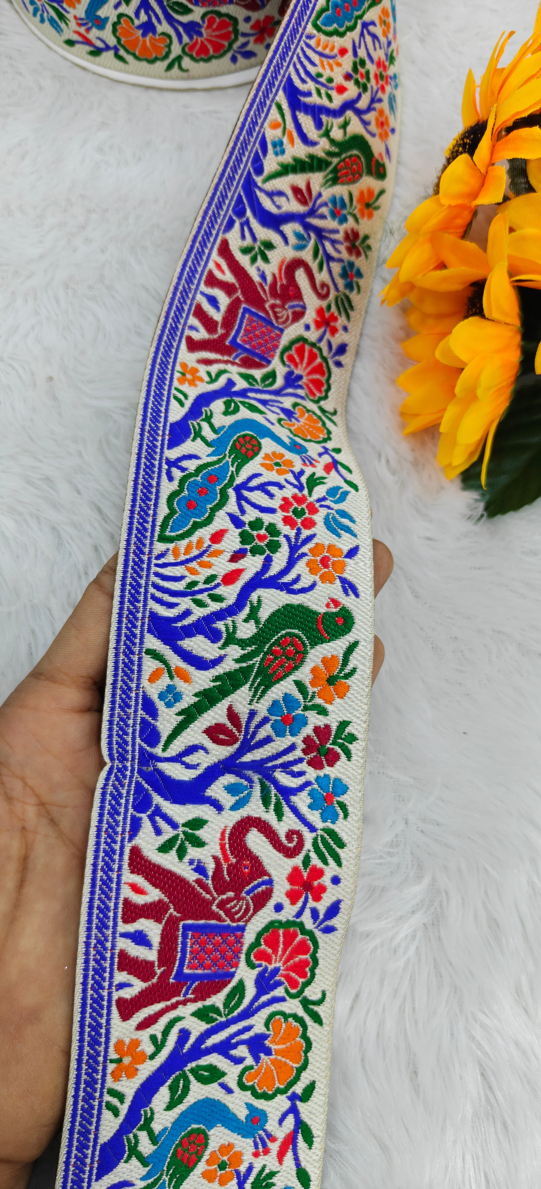 Multicolor Peacock & Elephant Woven Jacquard Border Lace