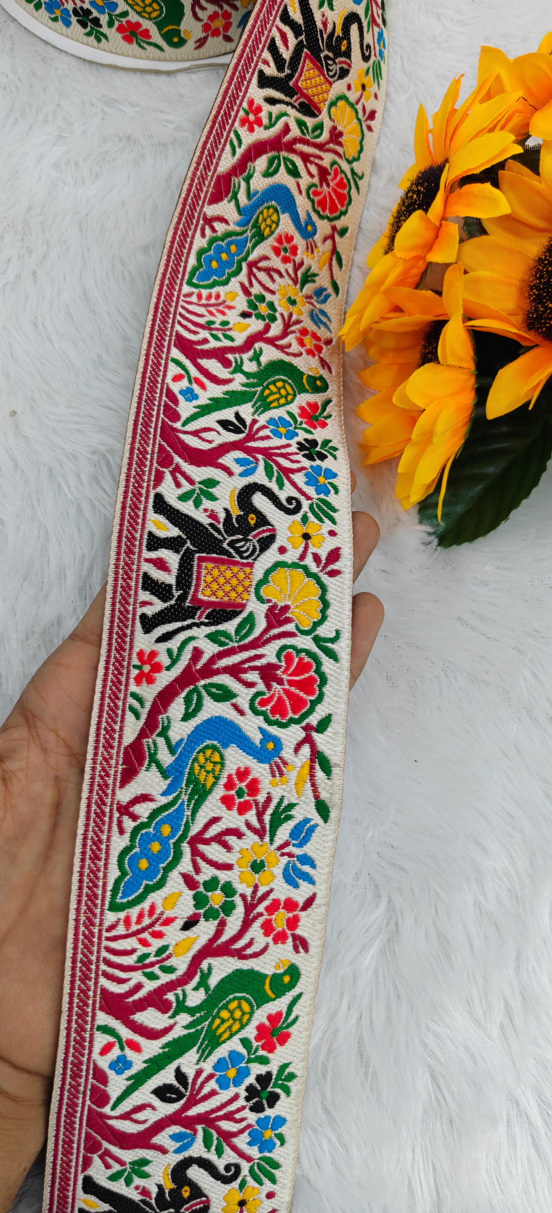 Multicolor Peacock & Elephant Woven Jacquard Border Lace