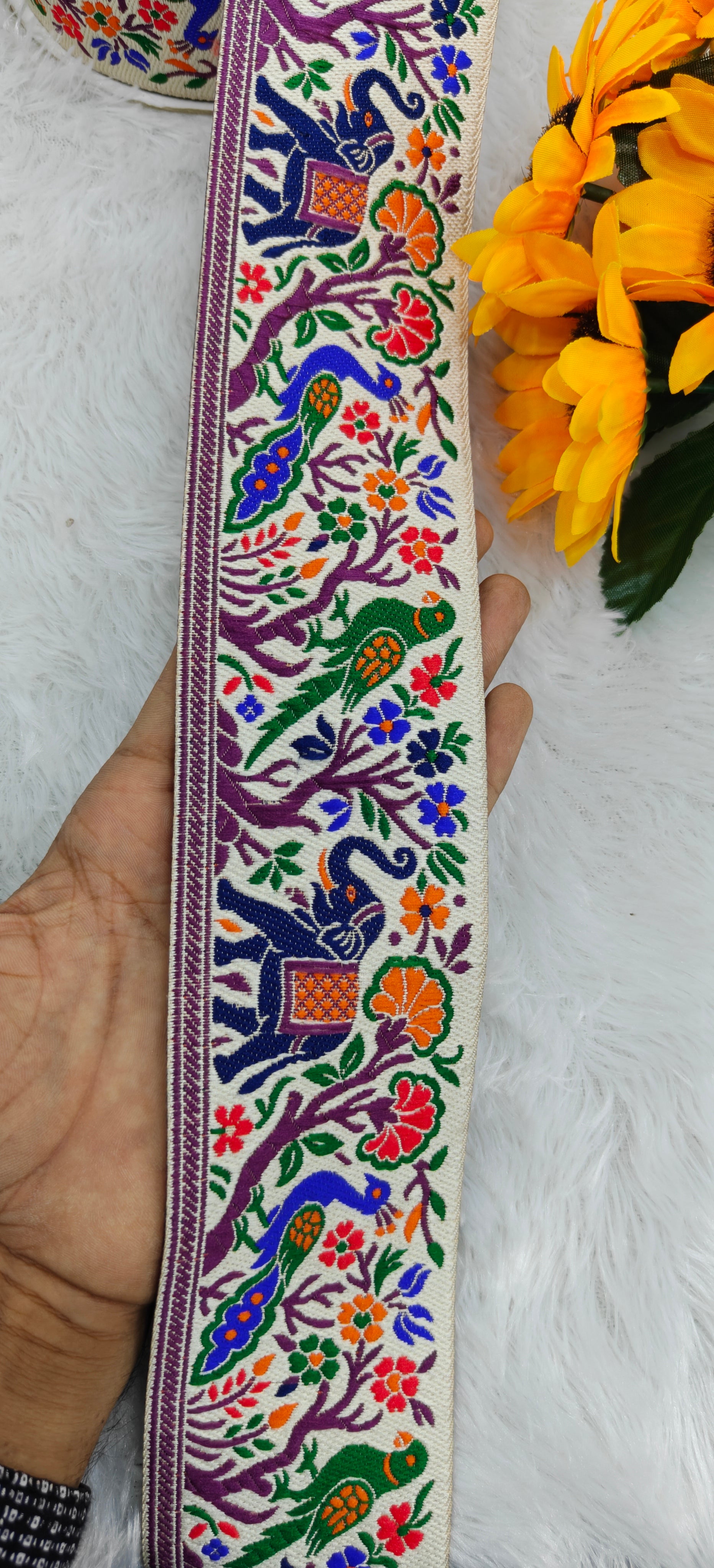Multicolor Peacock & Elephant Woven Jacquard Border Lace