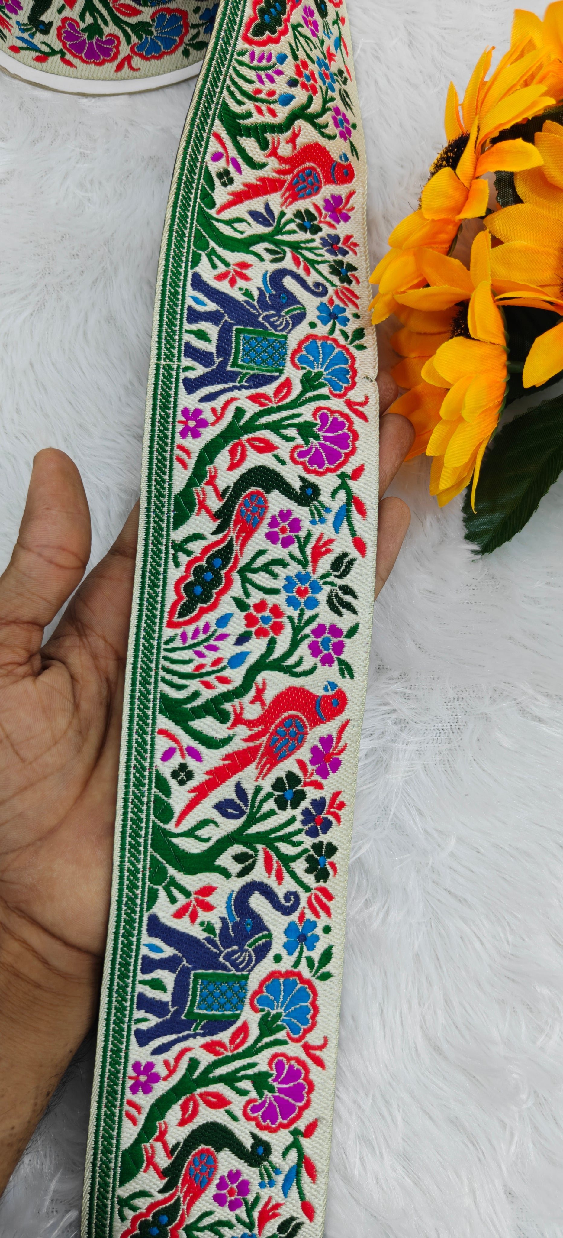 Multicolor Peacock & Elephant Woven Jacquard Border Lace