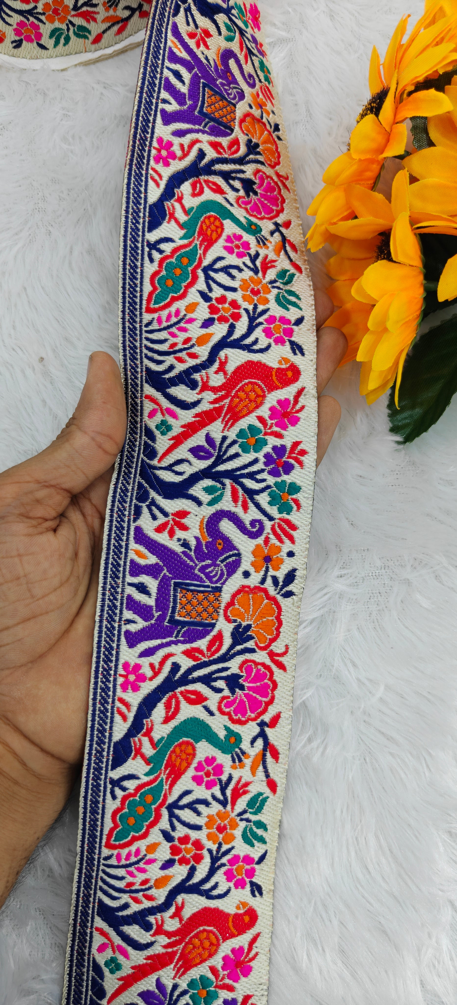 Multicolor Peacock & Elephant Woven Jacquard Border Lace