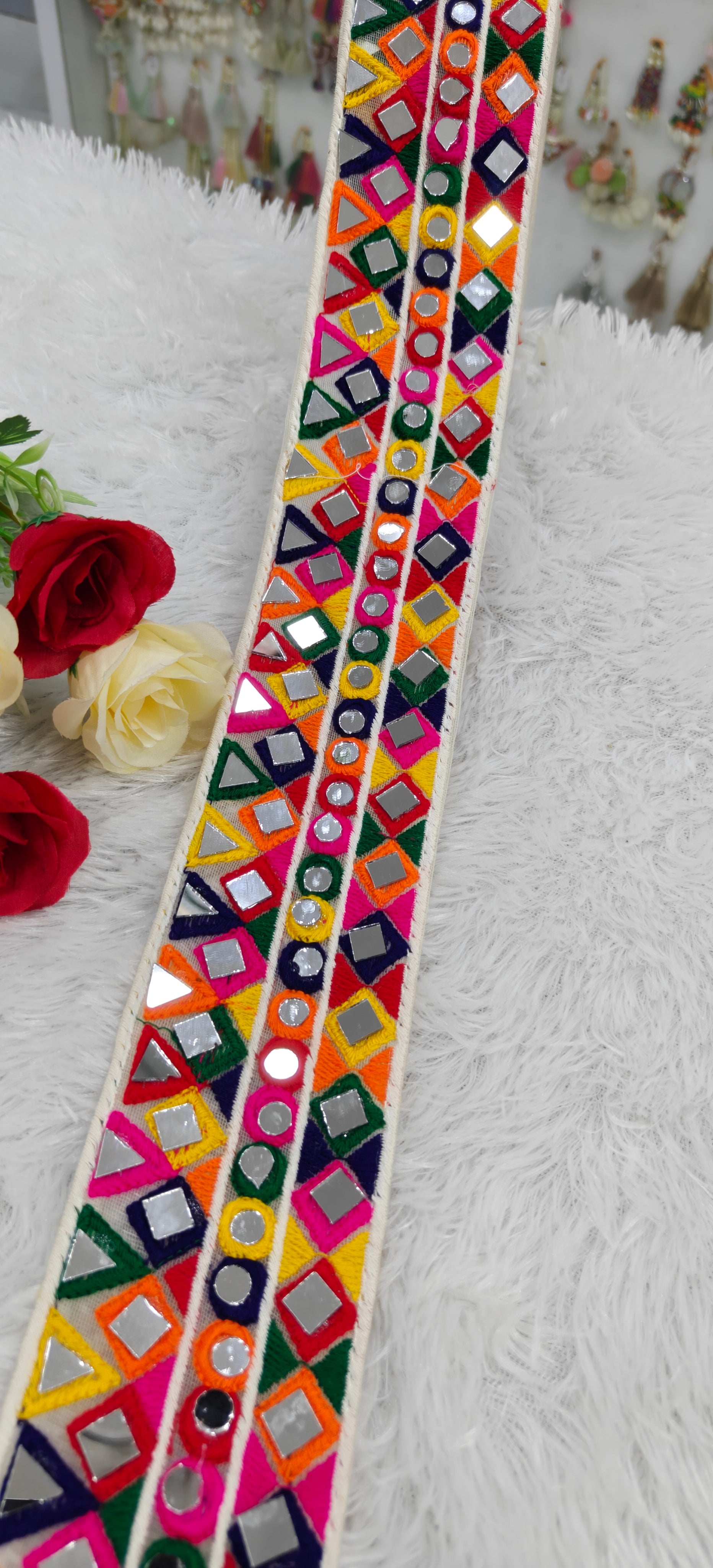 Multicolor Geometric Mirror Work Embroidered Lace