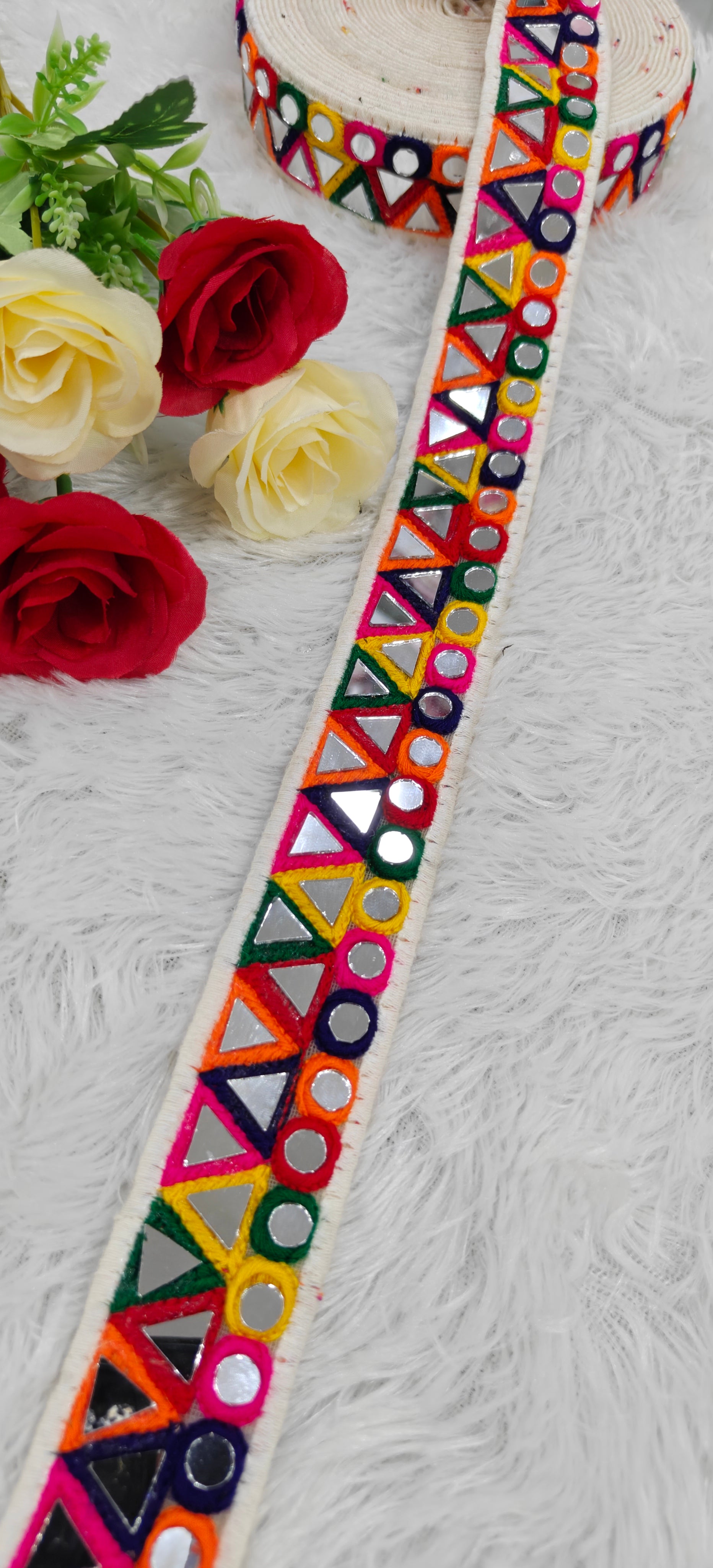 Multicolor Triangle & Circle Mirror Work Embroidered Lace