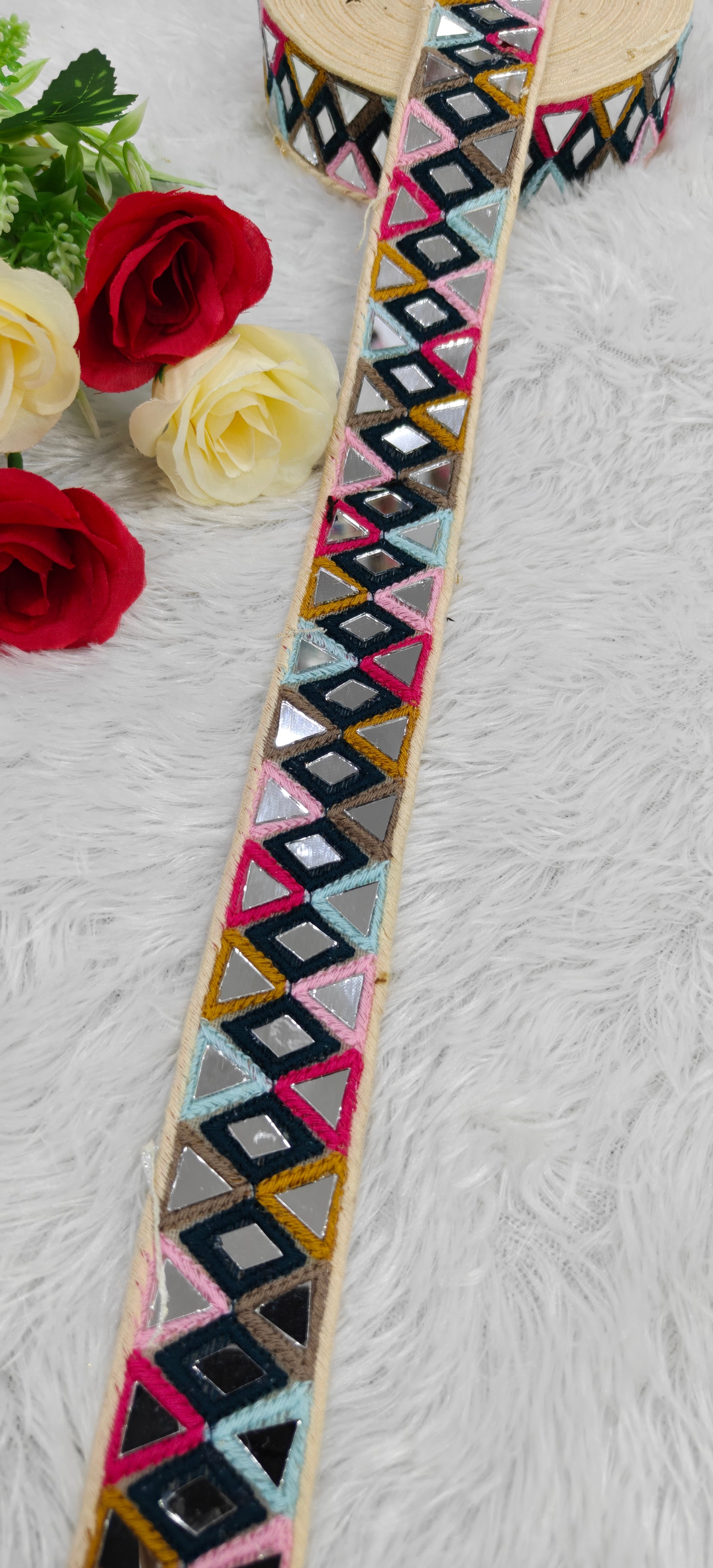 Multicolor Geometric Mirror Work Embroidered Lace