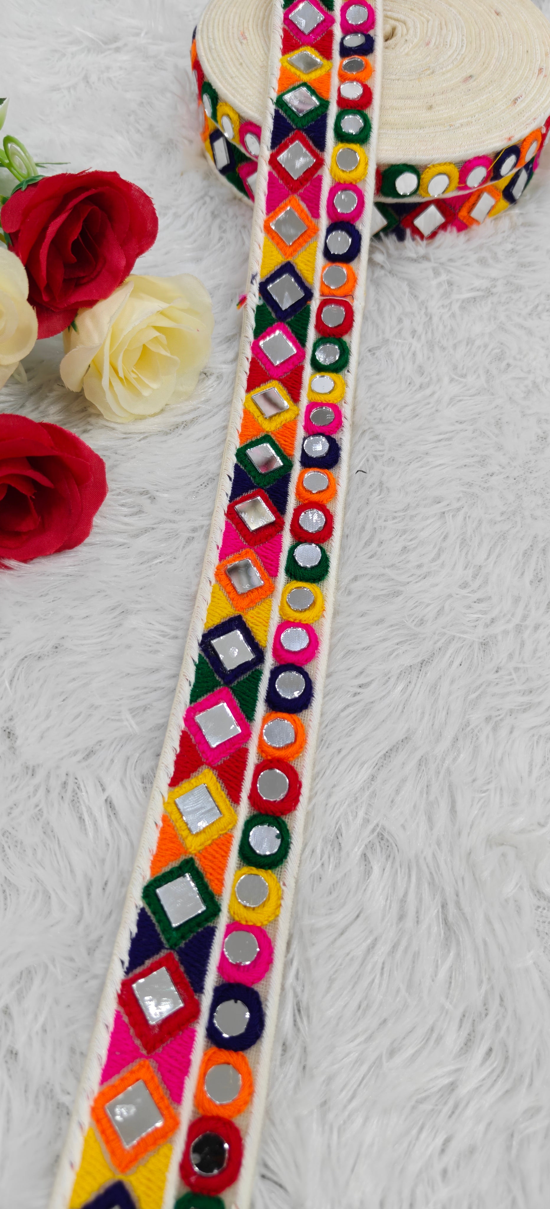 Multicolor Diamond & Circle Mirror Work Embroidered Lace