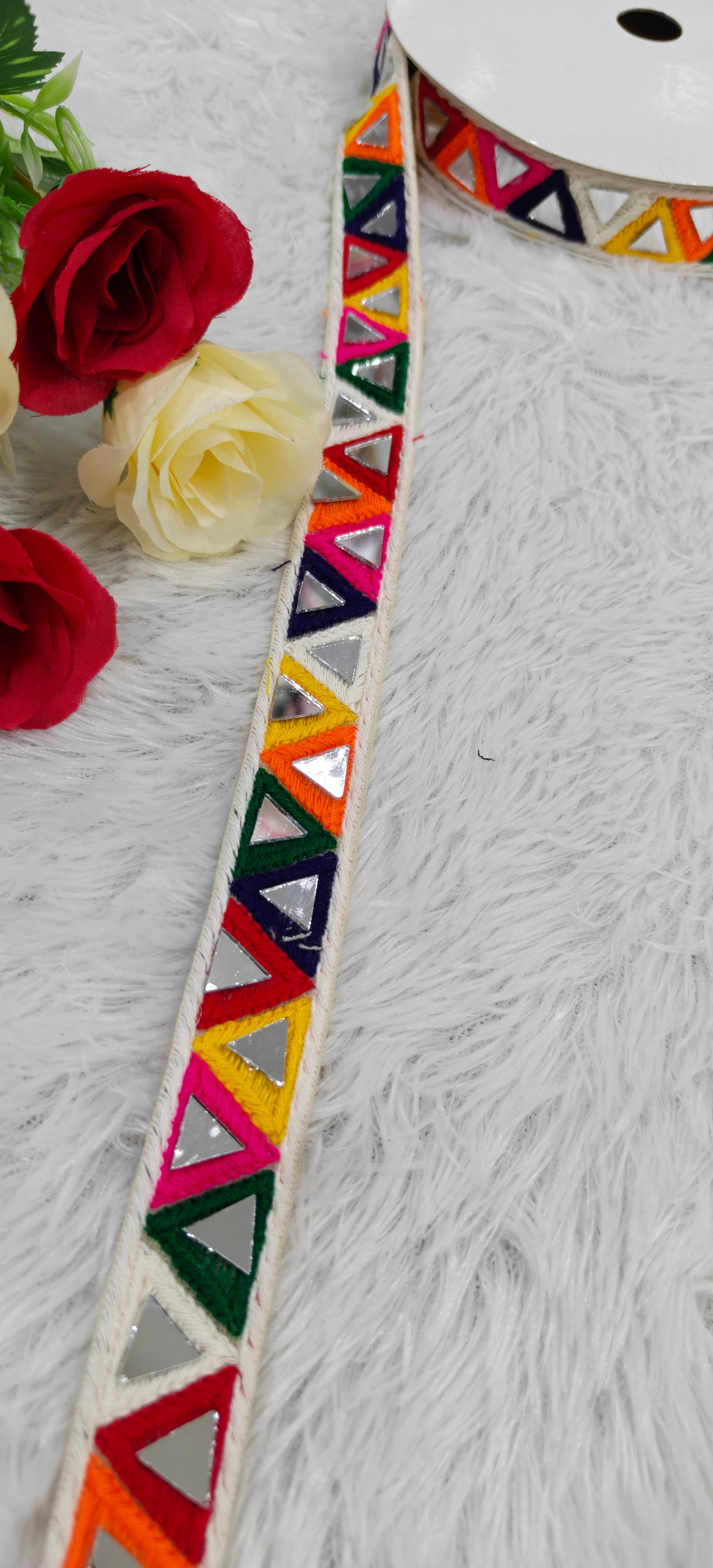 Multicolor Geometric Triangle Mirror Work Embroidered Lace